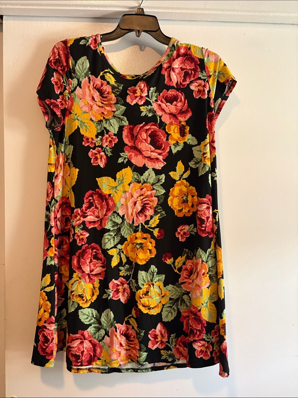 Black Floral Shift Dress with Pink & Yellow Blooms